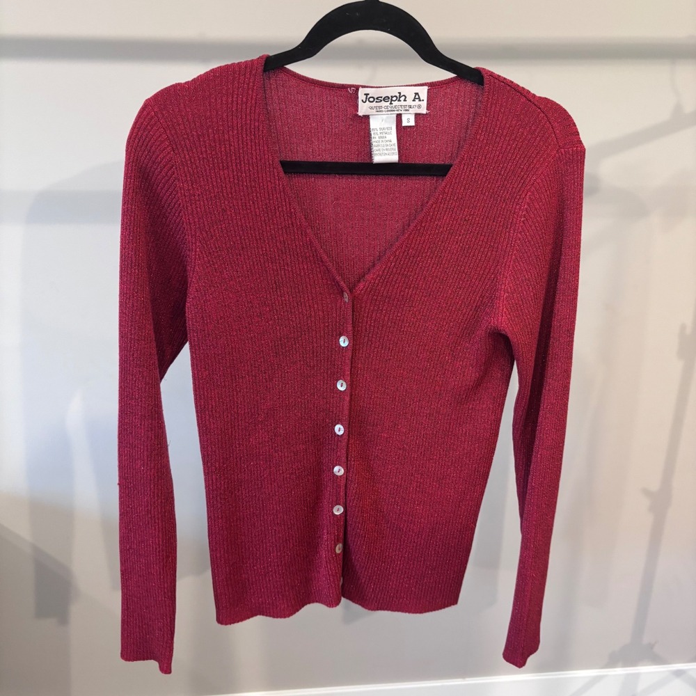 Joseph A. Silk Blend Metallic Red Cardigan Sweater Button Down Small